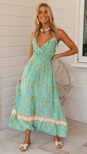 Aqua Floral Surplice Slip Dress