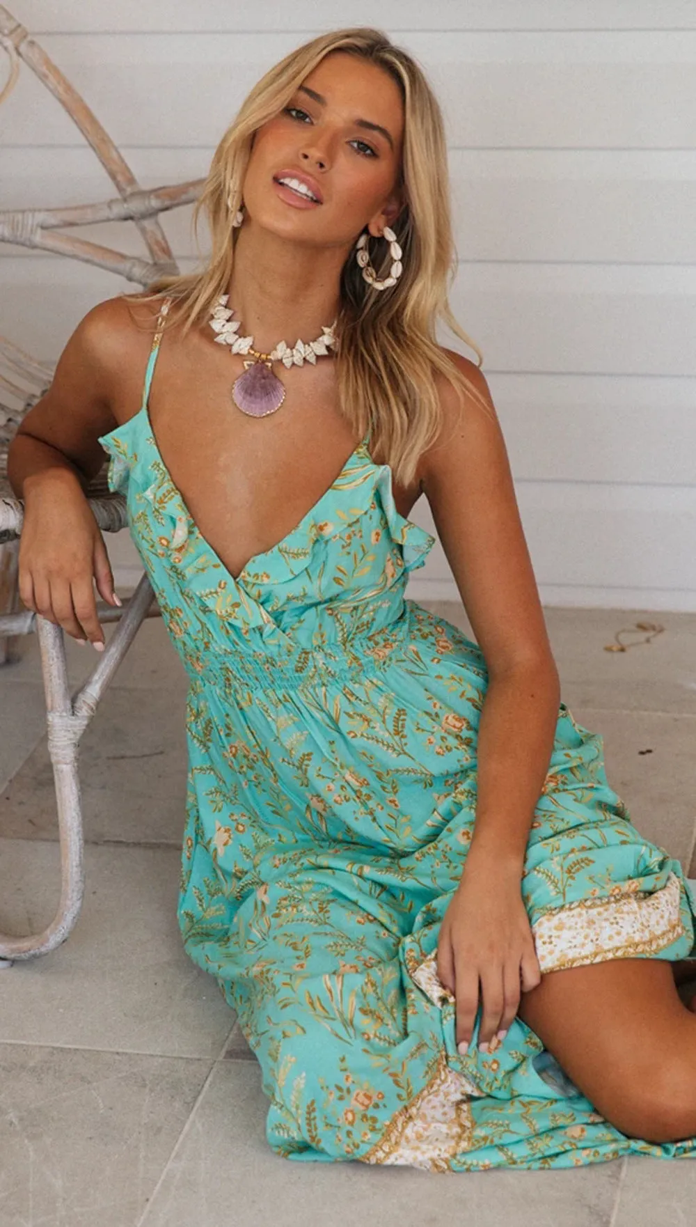 Aqua Floral Surplice Slip Dress