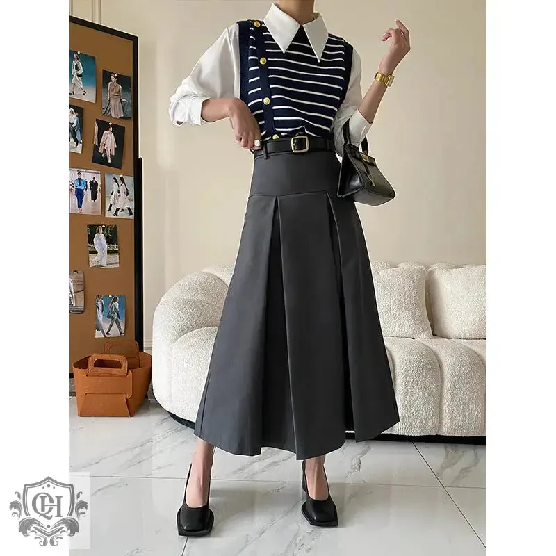 High Rise Pleated Midi Skirt