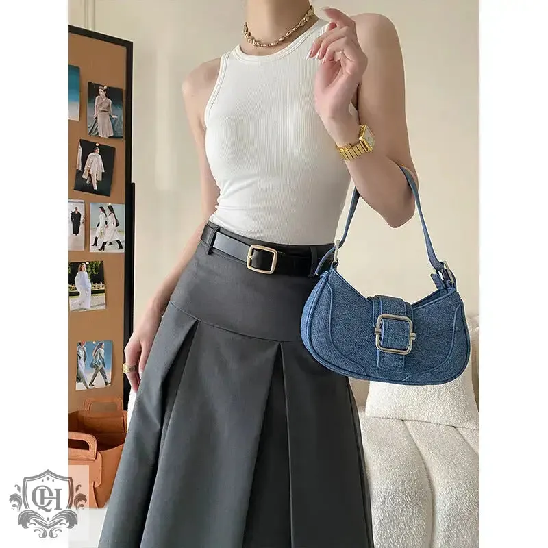 High Rise Pleated Midi Skirt