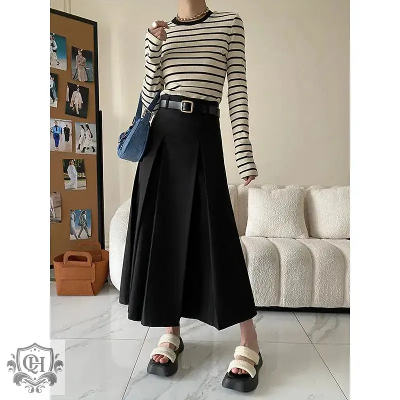 High Rise Pleated Midi Skirt
