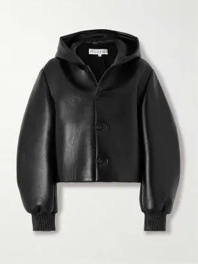 Hooded cropped padded leather jacket