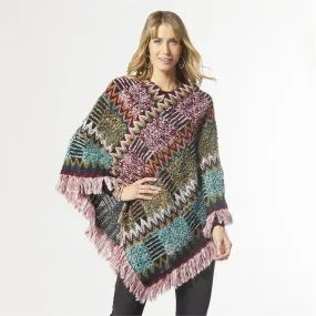 Marceline Chunky Knit Poncho - Black/Red/Teal