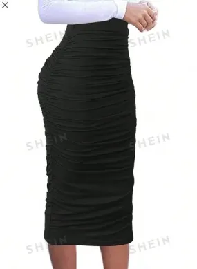 Shein Women Plus Size Black Solid Color Elastic Waist Pleated Skirt, 4XL  