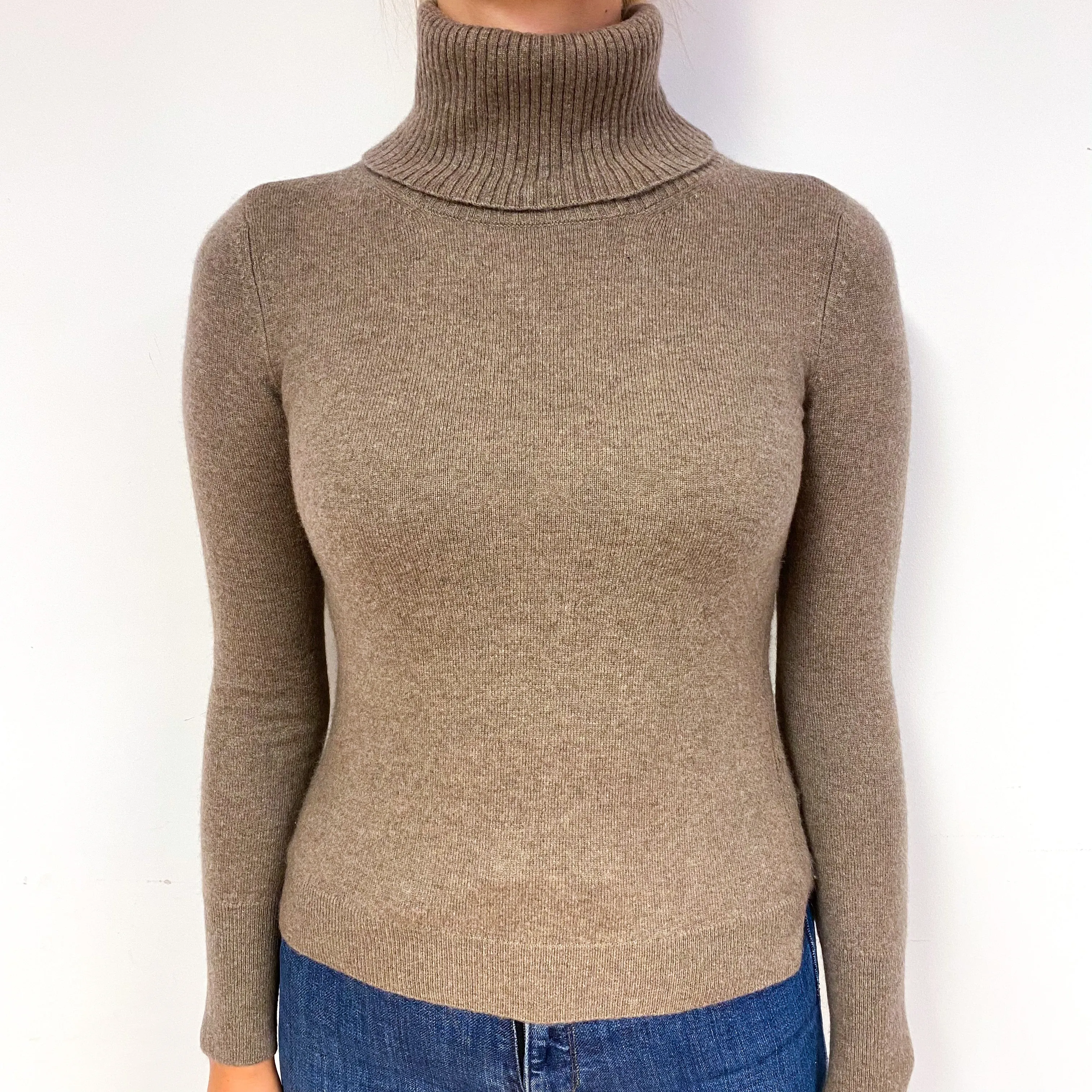 Taupe Brown Cashmere Polo Neck Jumper Small