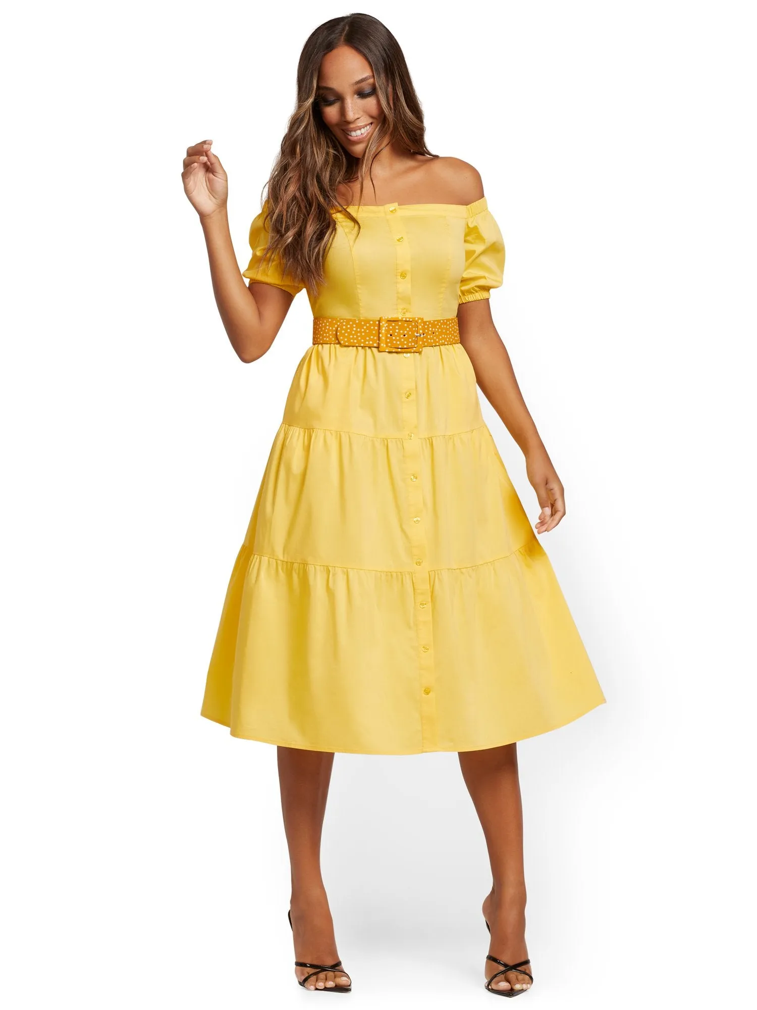 Tiered Poplin Off-The-Shoulder Midi Dress